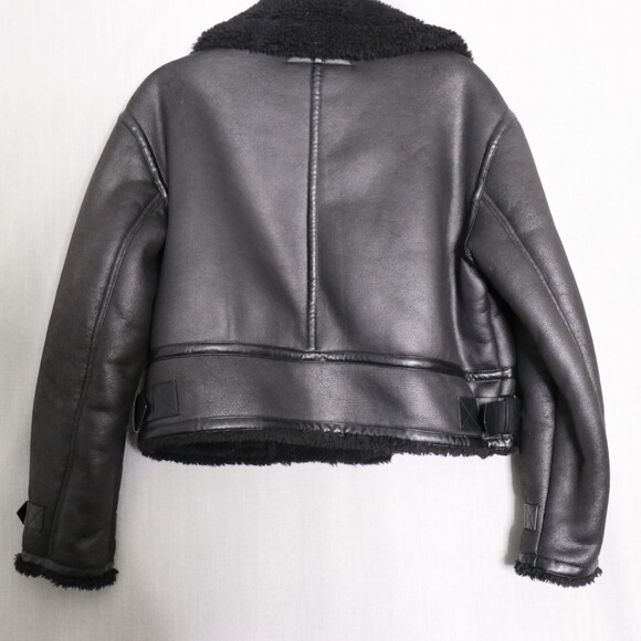 ZARA Aviator Biker Jacket Womens M Faux Leather Shearling Lined Moto Zip Black - Picture 10 of 16